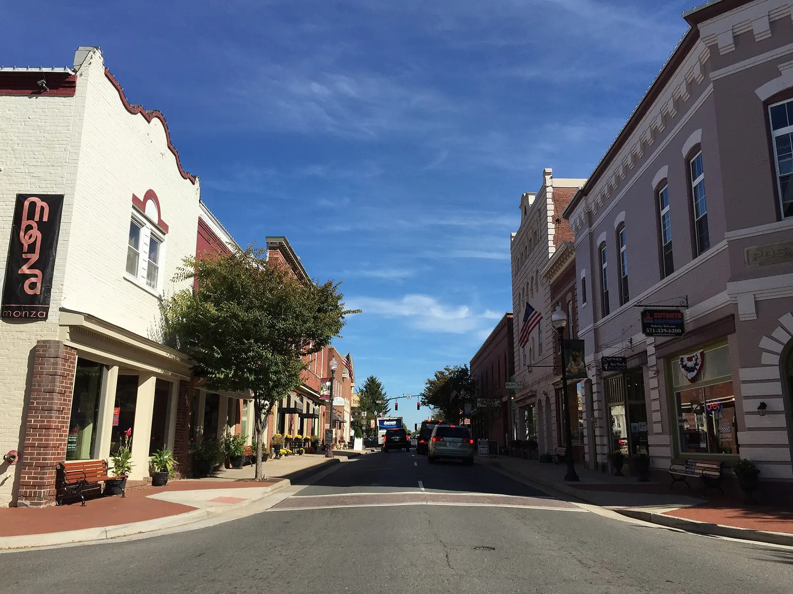 Center Street at Battle Street in Historic Downtown Manassas, with Monza on the corner.