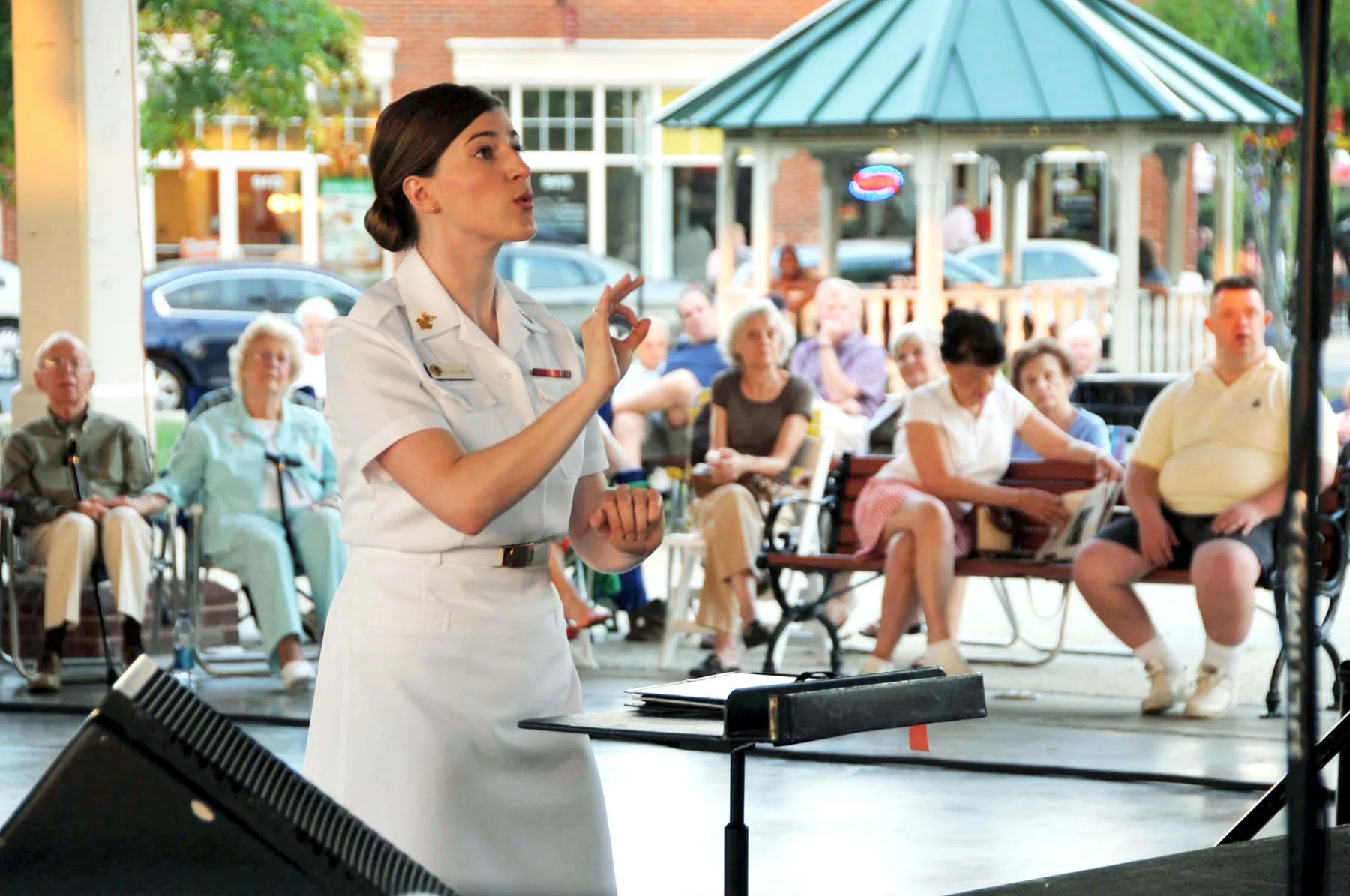 The Harris Pavilion on Center Street in downtown Manassas, home of the Thursday farmers market, during a summer evening concert.