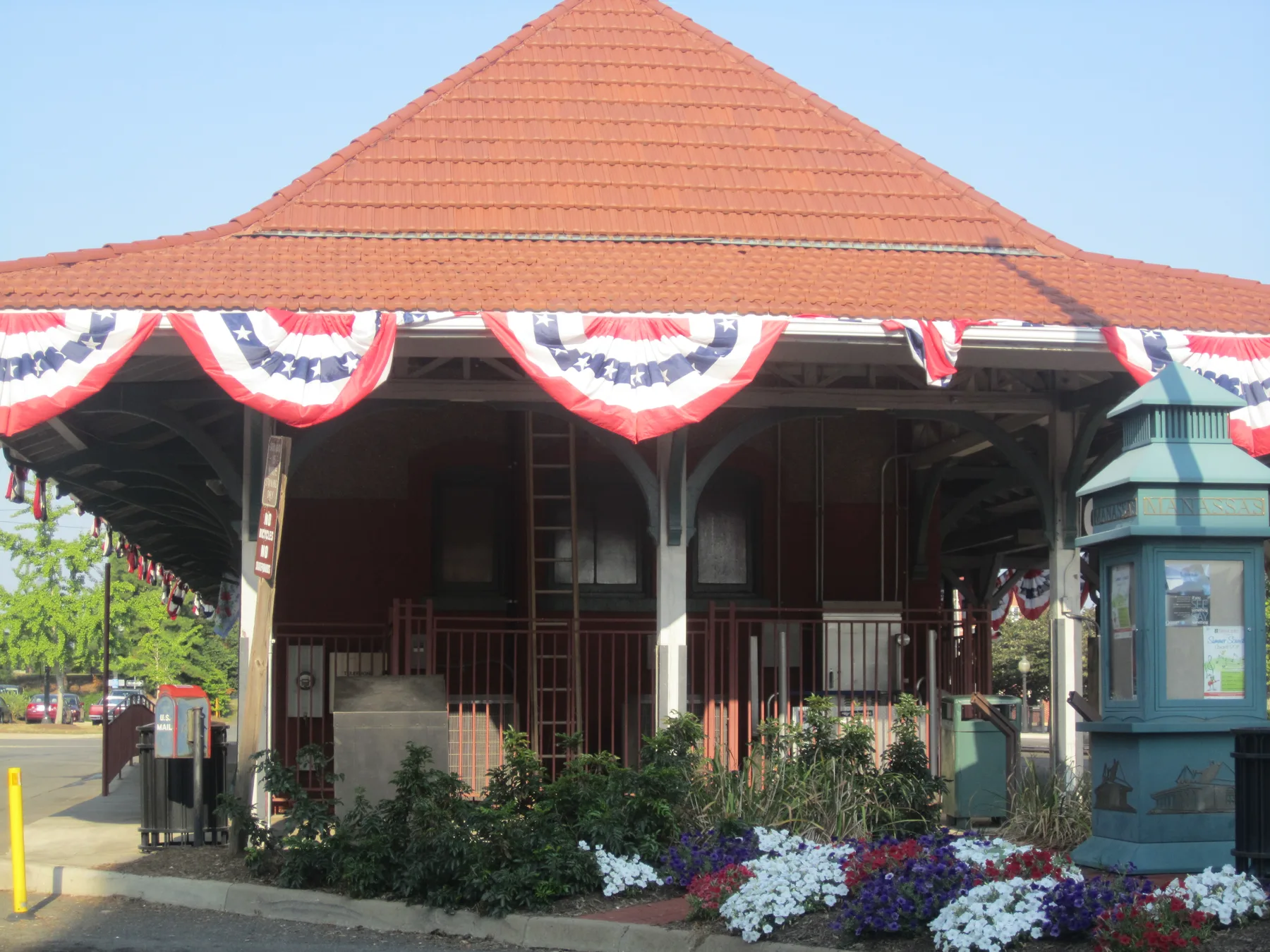 The Manassas train depot on West Street dressed in red, white and blue bunting, in the heart of the Celebrate America festival area.