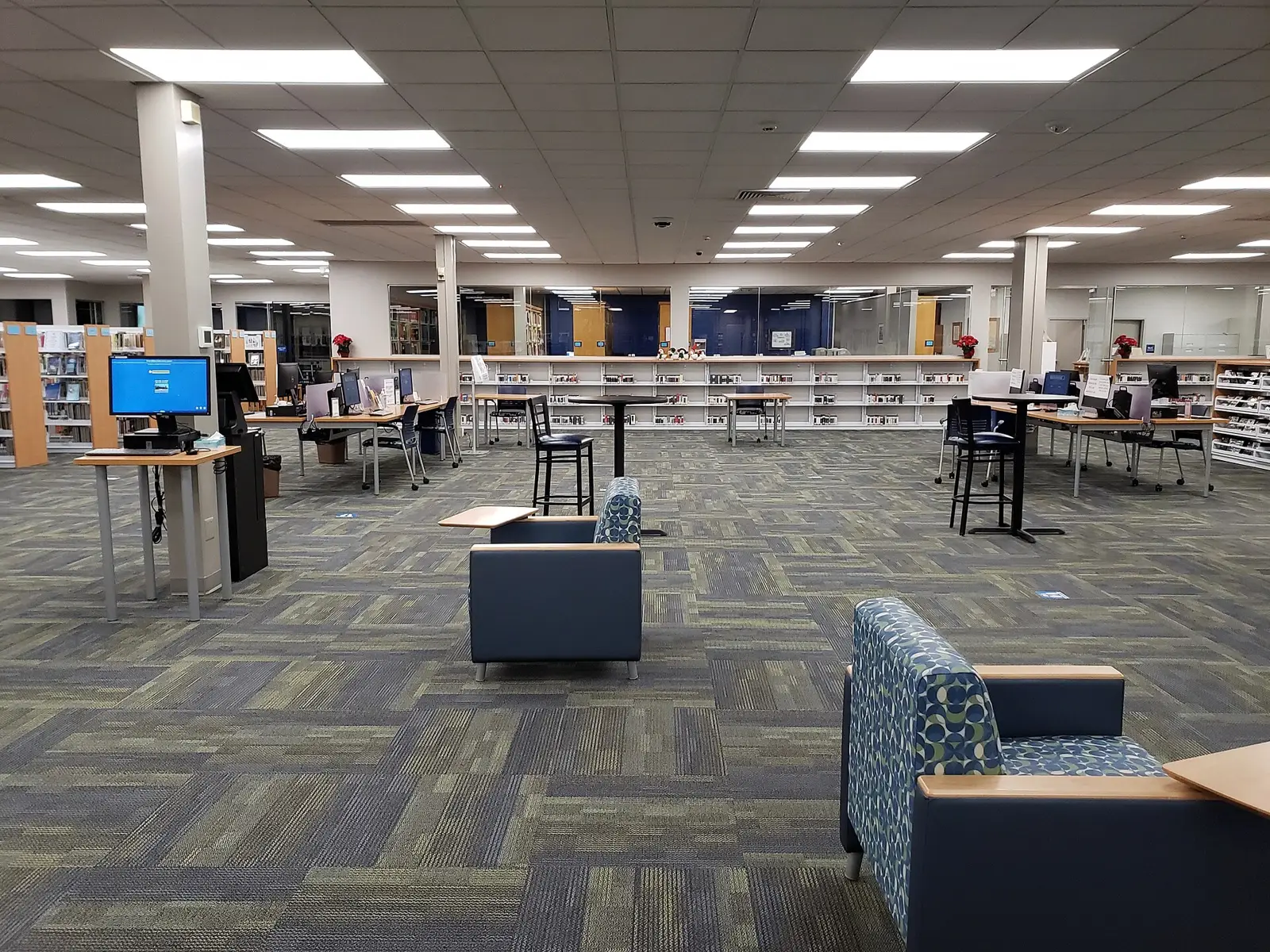 The main lobby of the Manassas Central Community Library after its restoration.