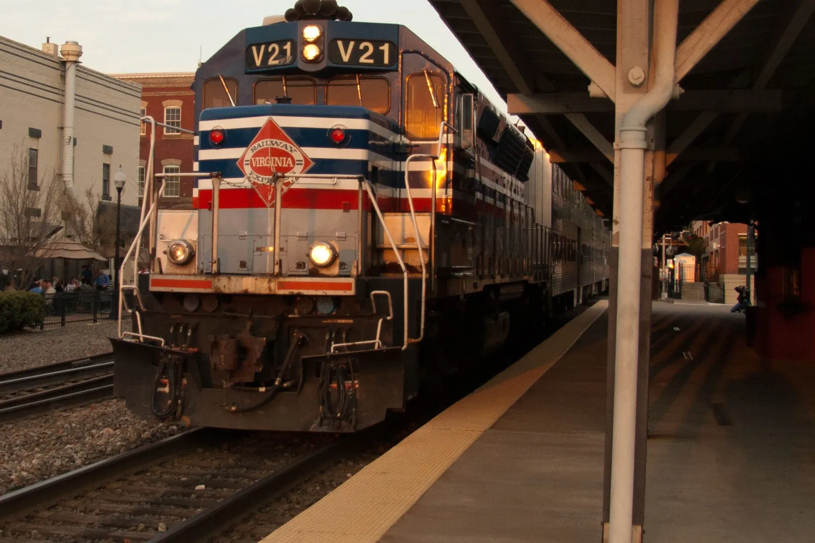 A Virginia Railway Express train pulls into the Manassas station platform downtown, where the Railway Festival's excursion trains board.