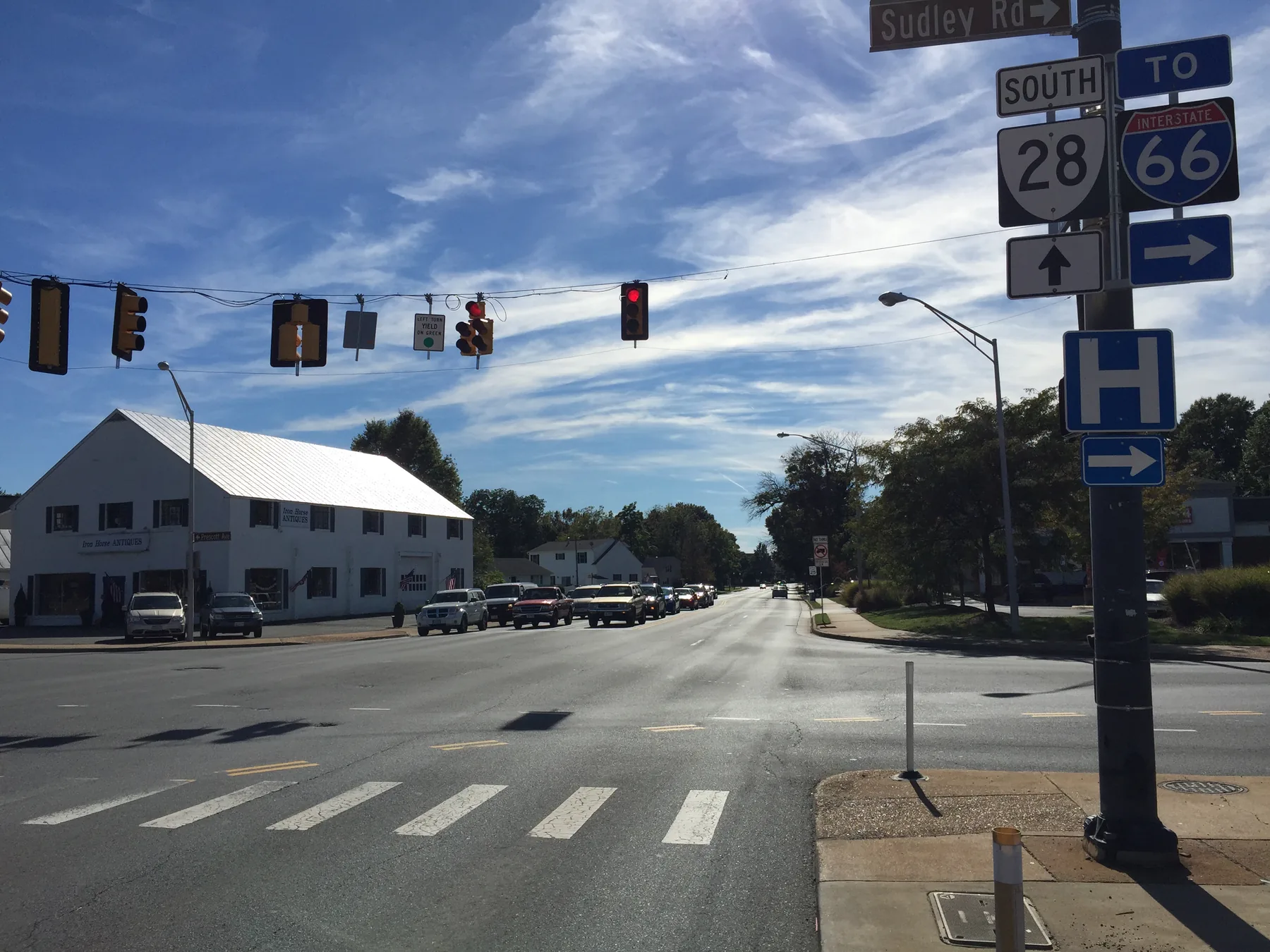 Route 28, Centreville Road, at its intersection with Sudley Road in Manassas, the junction now being rebuilt as a two-lane roundabout.