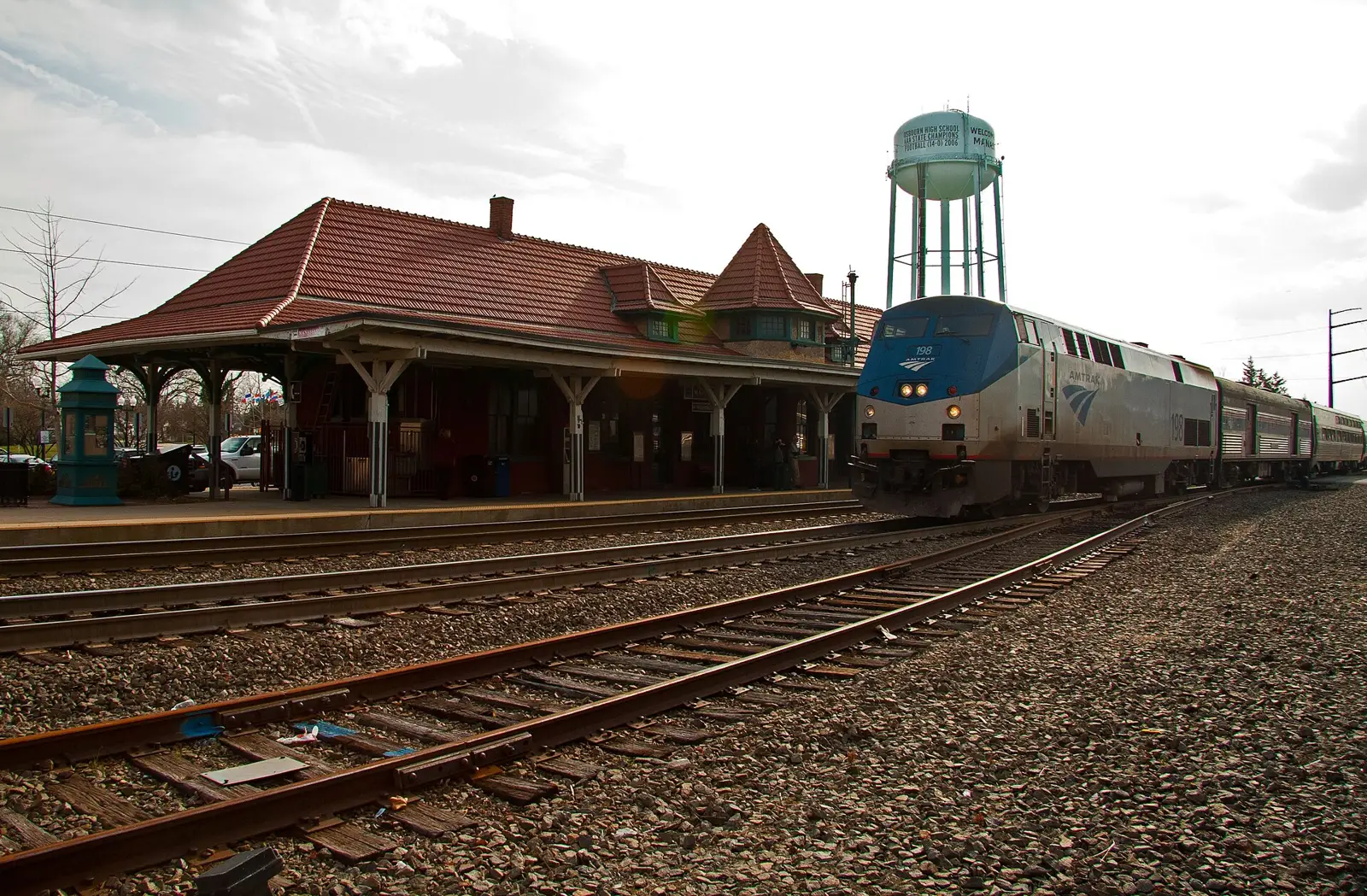 The Manassas train depot and the downtown water tower, beside the depot lots where the Edgar Rohr Memorial Car Meet is held.