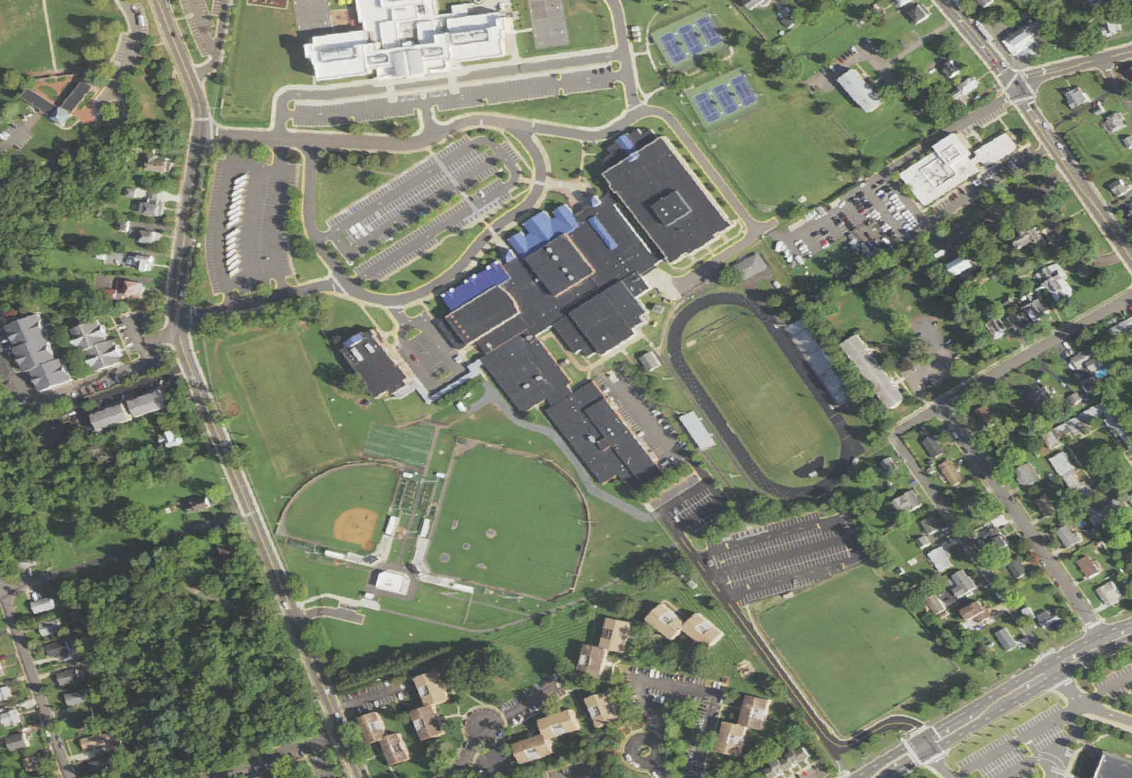 An aerial view of the Osbourn High School campus in Manassas, with its stadium, ball fields and parking lots.