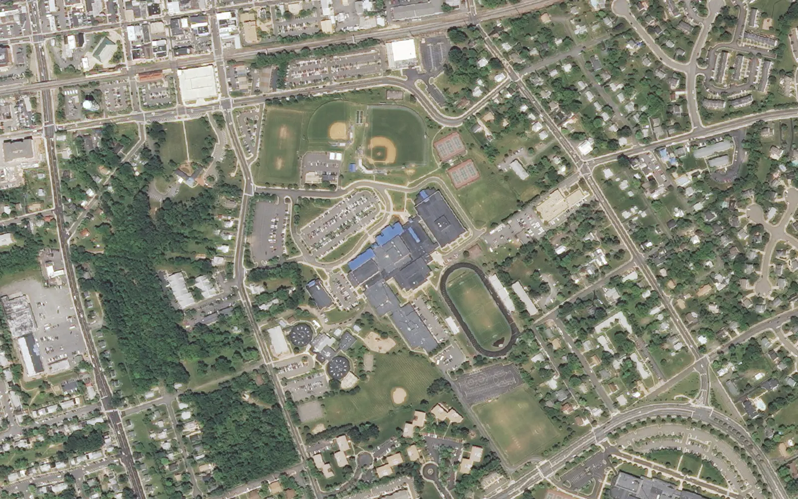 Osbourn High School, its stadium and the ball fields along Eagle Way near downtown Manassas, seen from the air before the Baldwin school building went up on the fields.
