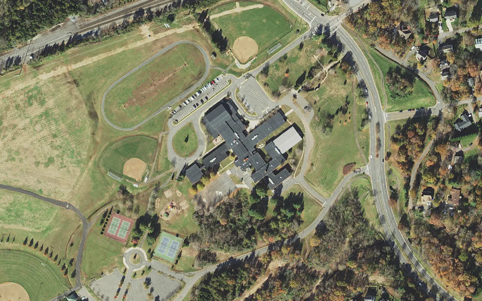 The earlier Jennie Dean Elementary building and its fields in Manassas from the air, before the division built the new school.