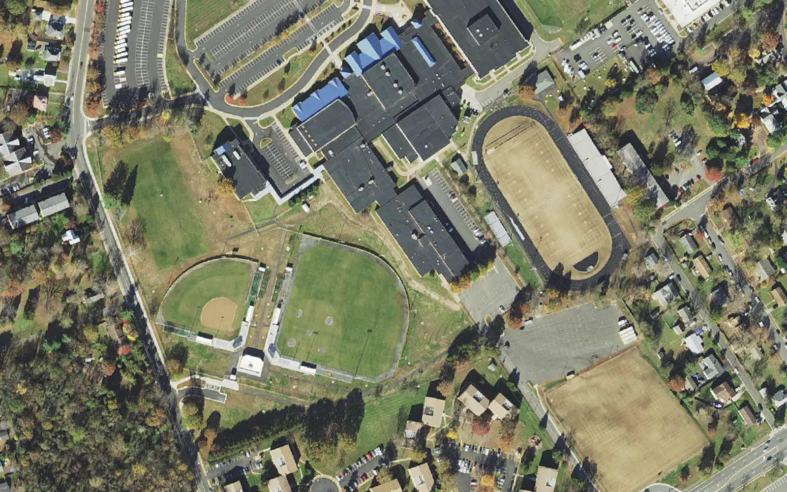 Osbourn High School from the air, with its stadium, ball fields and parking lots off Eagle Way in Manassas.