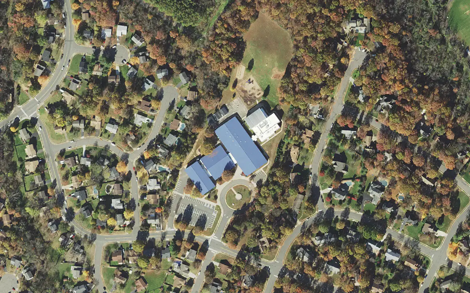Richard C. Haydon Elementary School from the air, among the wooded streets off Park Avenue in north Manassas.